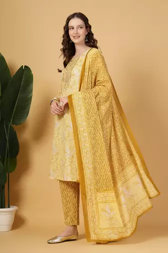 yellow floral print thread work straight kurta trouser dupatta set