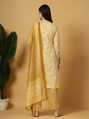 yellow floral print thread work straight kurta trouser dupatta set 3