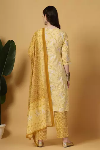 yellow floral print thread work straight kurta trouser dupatta set