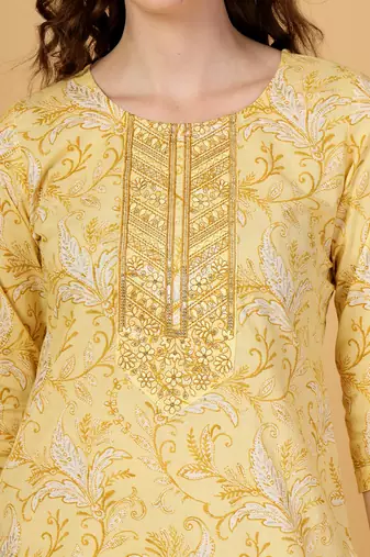 yellow floral print thread work straight kurta trouser dupatta set