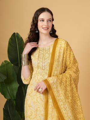 yellow floral print thread work straight kurta trouser dupatta set 5