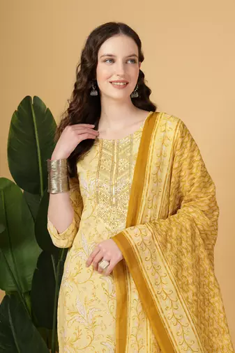 yellow floral print thread work straight kurta trouser dupatta set
