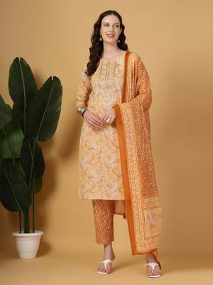 peach pure cotton kurta dupatta pant set 1
