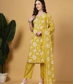 mustard embroidered straight kurta trouser dupatta set