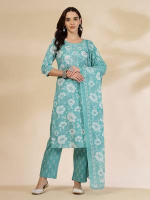 blue embroidered straight kurta trouser and dupatta set 1
