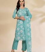 blue embroidered straight kurta trouser and dupatta set