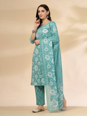blue embroidered straight kurta trouser and dupatta set 2