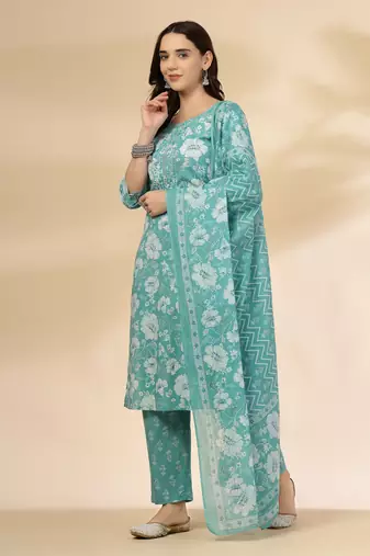 blue embroidered straight kurta trouser and dupatta set