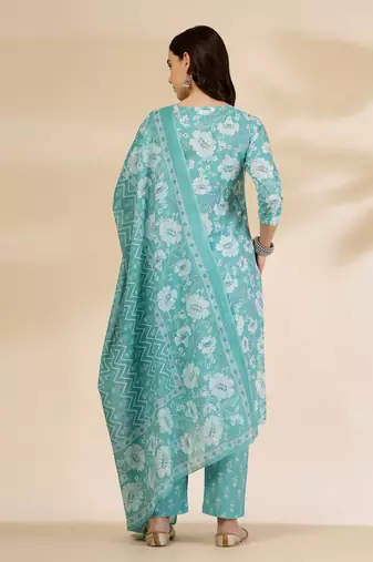 blue embroidered straight kurta trouser and dupatta set