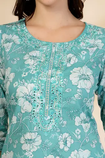 blue embroidered straight kurta trouser and dupatta set