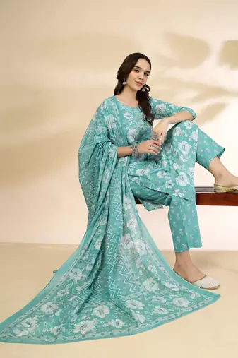 blue embroidered straight kurta trouser and dupatta set
