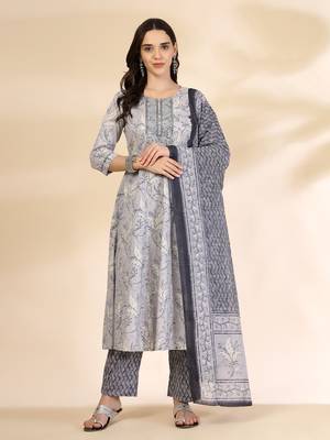 grey pure cotton anarkali dupatta pant set 1