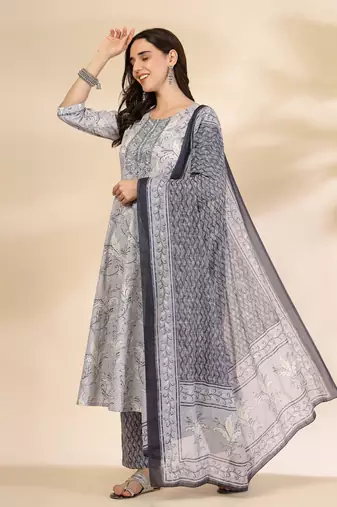 grey pure cotton anarkali dupatta pant set