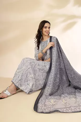 grey pure cotton anarkali dupatta pant set