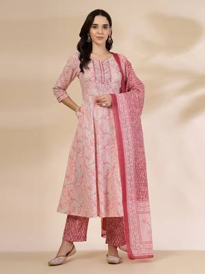 pink pure cotton anarkali dupatta pant set 1