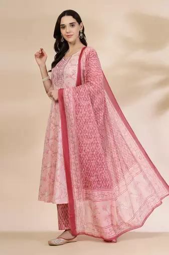 pink pure cotton anarkali dupatta pant set