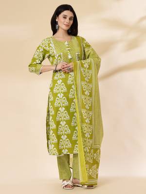 green cotton lace work,tassel straight kurta set with pant & dupatta 1