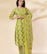 green cotton lace work,tassel straight kurta set with pant & dupatta