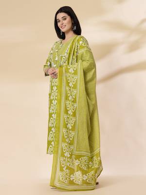 green cotton lace work,tassel straight kurta set with pant & dupatta 2