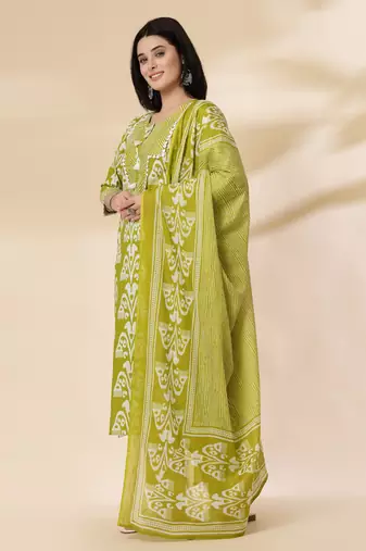 green cotton lace work,tassel straight kurta set with pant & dupatta