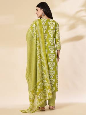 green cotton lace work,tassel straight kurta set with pant & dupatta 3