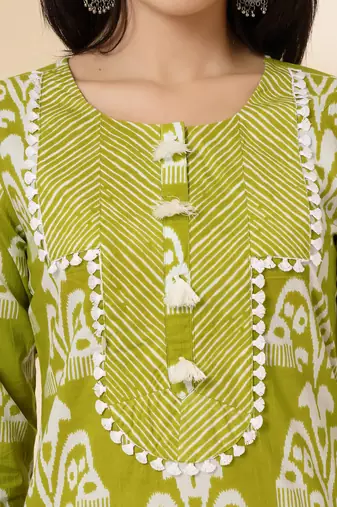green cotton lace work,tassel straight kurta set with pant & dupatta
