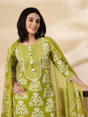 green cotton lace work,tassel straight kurta set with pant & dupatta 5