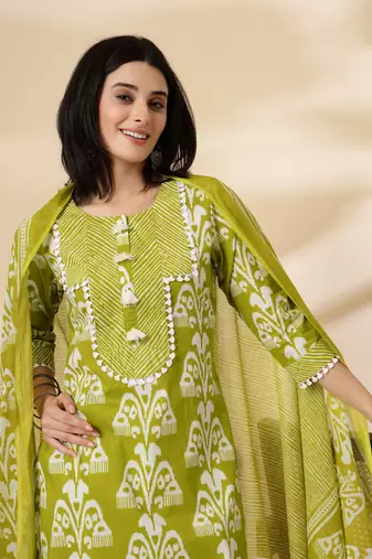 green cotton lace work,tassel straight kurta set with pant & dupatta