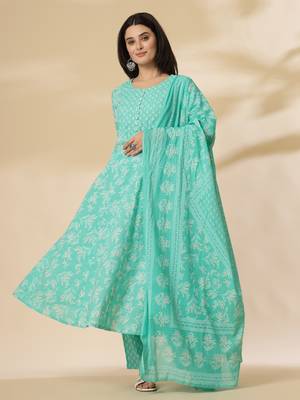 sea green pure cotton anarkali dupatta pant set 1