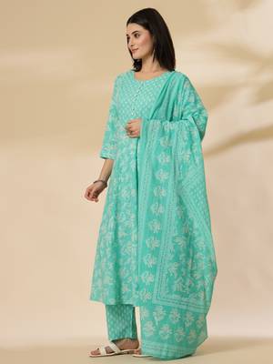 sea green pure cotton anarkali dupatta pant set 2