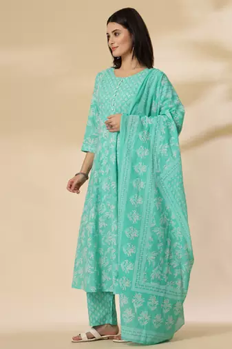 sea green pure cotton anarkali dupatta pant set