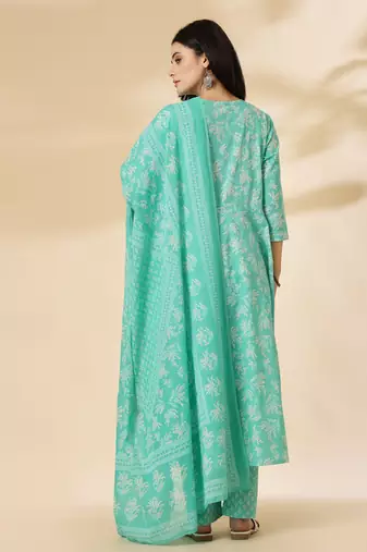 sea green pure cotton anarkali dupatta pant set
