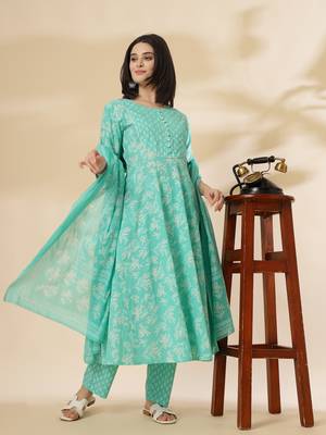 sea green pure cotton anarkali dupatta pant set 5