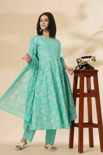 sea green pure cotton anarkali dupatta pant set
