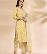 yellow pure cotton floral,lace work kurta dupatta pant set