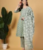 sea green pure cotton floral,lace work kurta dupatta pant set