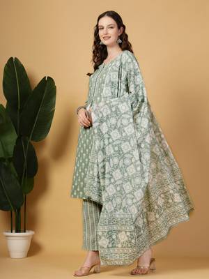 sea green pure cotton floral,lace work kurta dupatta pant set 2