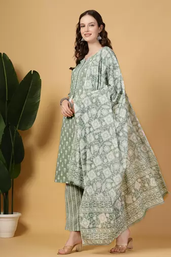 sea green pure cotton floral,lace work kurta dupatta pant set