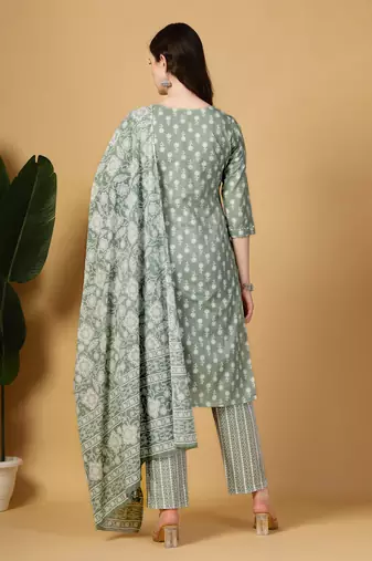 sea green pure cotton floral,lace work kurta dupatta pant set