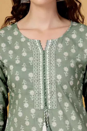 sea green pure cotton floral,lace work kurta dupatta pant set