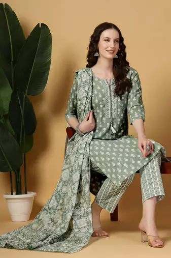 sea green pure cotton floral,lace work kurta dupatta pant set