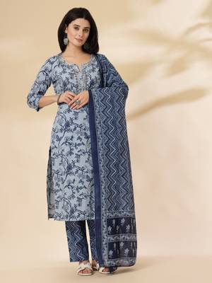 blue floral,sequins work pure cotton kurta dupatta pant set 1
