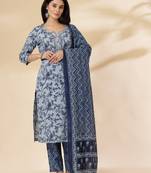 blue floral,sequins work pure cotton kurta dupatta pant set