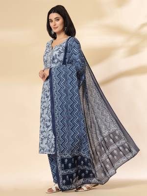 blue floral,sequins work pure cotton kurta dupatta pant set 2