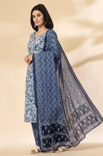 blue floral,sequins work pure cotton kurta dupatta pant set