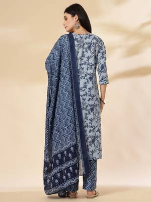 blue floral,sequins work pure cotton kurta dupatta pant set 3