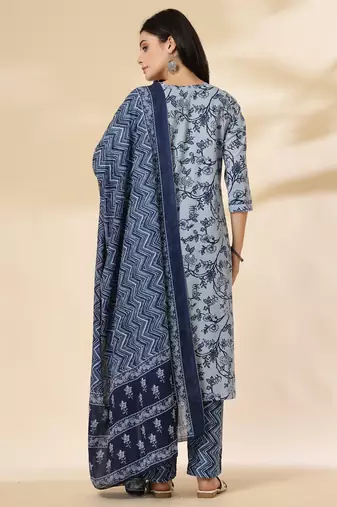 blue floral,sequins work pure cotton kurta dupatta pant set