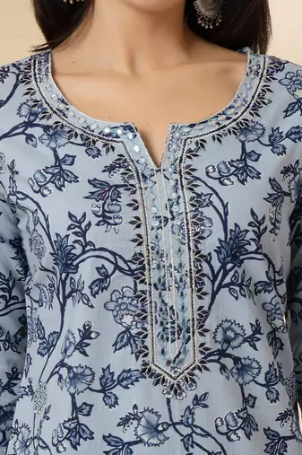 blue floral,sequins work pure cotton kurta dupatta pant set