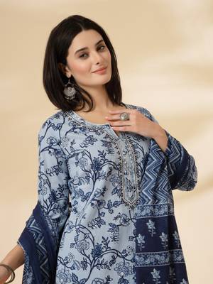 blue floral,sequins work pure cotton kurta dupatta pant set 5
