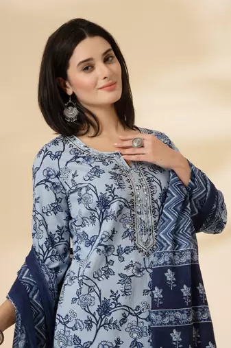 blue floral,sequins work pure cotton kurta dupatta pant set